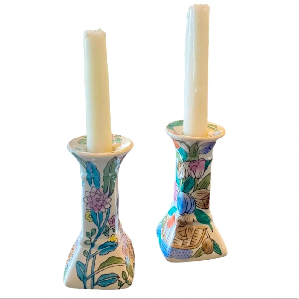 Vintage Chinoiserie & Floral Style Taper Candlestick Holders - set of 2